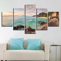 Island Summer Sky Sand Beach Palm Canvas Wall Art-ชุด5ชิ้นสำหรับตกแต่งบ้าน