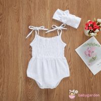 (Babygarden)-0-18m Baby Girls Cotton Linen Ruched Solid Color Sleeveless Rompers + Headband