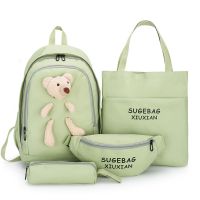 INS Canvas Schoolbag 4-pieces/set Korean Style Backpack Girls Student Backbag Solid Cute Bear School Bag Female Travel Waist Bag