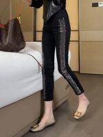 เสื้อคลุม Heavy-industry diamond-encrusted high-waist pencil pants womens autumn slim black slim denim cropped pants