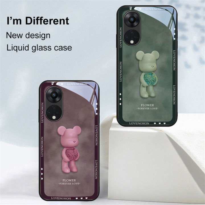 oppo-reno-เคสโทรศัพท์8t-5g-ฝาปิดเคสกระจกนิรภัยลายหมีลูกบอลลายดอกไม้น่ารักสำหรับเลนส์กล่องกันกระแทกป้องกันกล้องพร้อมสายคล้องสายคล้องมือหัวใจน่ารัก