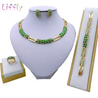 Dubai Womens Jewelry Fashion Green Necklace celet Banquet Elegant women Earrings Ring Crystal Jewelry Sets