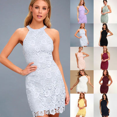 Ebay เสื้อผ้าผู้หญิงสุดฮอตของ 2023 ชุดเดรสลูกไม้สีทึบแบบใหม่ฤดูร้อนกระโปรงสั้นมินิคล้องคอเซ็กซี่