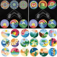 6/18Pcs Beach Series Diamond Painting Coaster Set DIY Rhinestones Wooden Drink Cup Cushion Table Placemat with Rack Home Decor