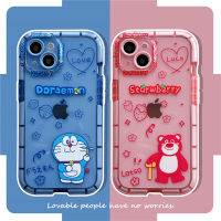 Fluorescent Soft Case สำหรับ IPhone 11 12 13 14 Pro Max การ์ตูนน่ารักการ์ตูนยิ้มหมีสตรอเบอร์รี่ Doraemon คู่ปกหลัง XR XS Max Luminous คู่กันกระแทกเคสโทรศัพท์