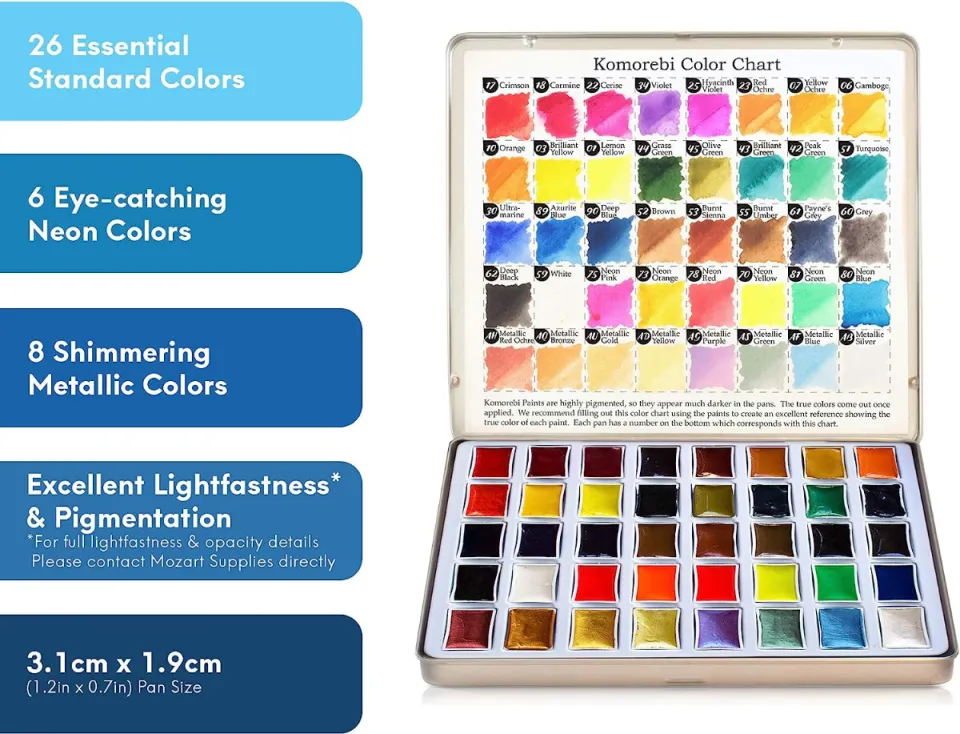 Premium Japanese Watercolor Paint Set Include 40 Solid, Metallic and Neon  Colors