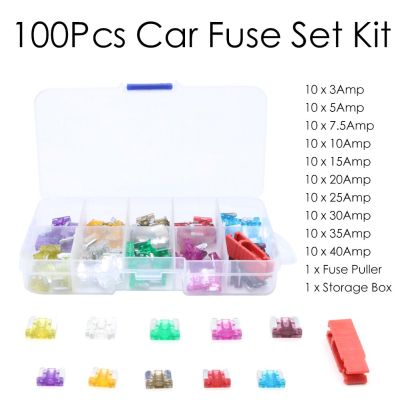 100pcs/lot Car TruckBlade Low Profile Fuses 3A 5A 7.5A 10A 15A 20A 25A 30A 35A 40Amp Plastic Box Assortment With Clip Fuses Accessories