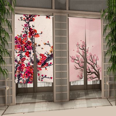 Fashion 2023 Cherry Blossom Gate, Japanese printed curtain wall, partition wall, kitchen entrance decoration, curtain wall, porch hanging sa kalahati ng curtain wall