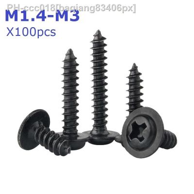 100PCS M1.4 M1.7 M2 M2.3 M3 Carbon Steel Q235 Cross Round Pan Head with Washer Pad Collar Self-tapping Wood Screw DIN571 black