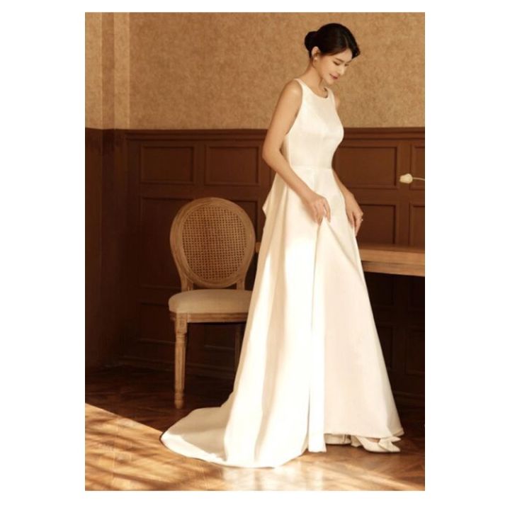 mori-ชุดแต่งงานแสงอมตะสุดๆผ้าซาตินสีขาว-qh223เจ้าสาวเปิดหลังแบบเรียบง่าย