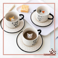 [พร้อมส่ง]แก้วกาแฟเซรามิค แก้วกาแฟน้องแมว ชุดถ้วยกาแฟ แก้วกาแฟ