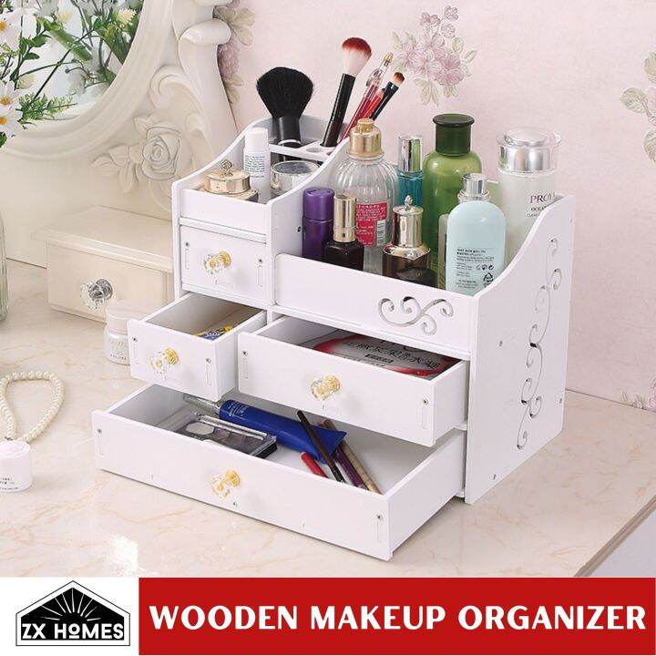 ZX HOMES Vintage Wooden Makeup Organizer Cosmetic Shelves Desk Drawers ...