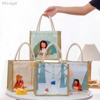 Canvas Linen Tote Bag Eco-friendly Stylish Jute Grocery Lightweight Shopping Bag Cartoon Printed Handbag Lunch Box Shoulder Bag