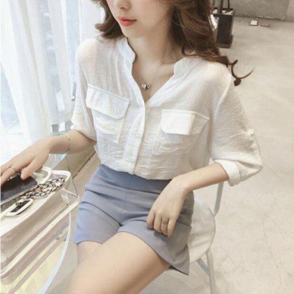 เสื้อสีขาวเสื้อเชิ้ตคอวีแขน3-4สไตล์เกาหลีสำหรับผู้หญิงเสื้อลำลองสีบริสุทธิ์แบบหนา