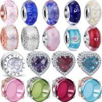 Colorful Murano Glass Bead Flower Heart Bubble Leaves Charm Fit Original Pandora Bracelet 100% 925 Sterling Silver Women Jewelry