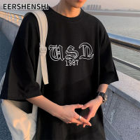 EERSHENSHI เสื้อคอกลมแขนสั้นผู้ชายแขนยาวขนาดใหญ่สั้นแนวสตรีทแบบมีสไตล์เสื้อยืดวินเทจ