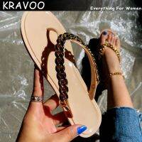 KRAVOO รองเท้าผู้หญิงส้นแบนสายโซ่โลหะรองเท้าแตะรองเท้าแตะฟิบฟอบผู้หญิงรองเท้าแตะผู้หญิงรองเท้าชายหาดกลางแจ้งฤดูร้อน2023ใหม่