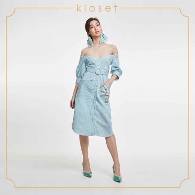Kloset Design Summer Lover Off-Shoulder Dress (RS20-D003) เดรสปาดหล่ เดรสผ้าลายทาง เดรสแต่งดีเทลมุก เดรสแฟชั่น