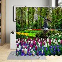 Natural Scenery Shower Curtain Garden Tulip Flower Green Plant Forest Pattern Bathroom Decor Polyester Cloth Hanging Curtain Set