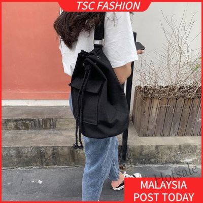 【hot sale】✗ C16 TSCfashion Ins Canvas Bag Korea Flip Pocket Shoulder Messenger Bag Drawstring Rope Bucket Bag