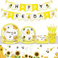 ❃ Bee Birthday Party Decor Honey Paper Cups Tableware Kit Bee Gold Cartoon Animals Balloons Kids Birthday Bee Baby Shower Supplies