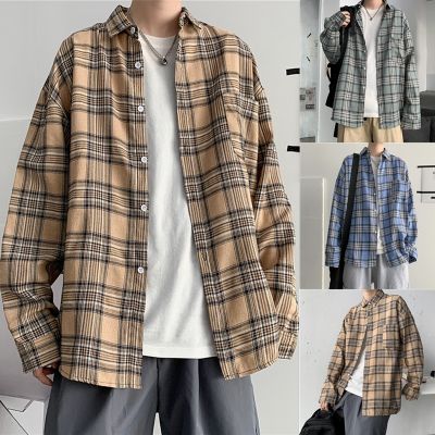 CODTheresa Finger 【M-3XL】Plus Size Korean Style Men Plaid Shirt Mens Japanese Retro Shirt Casual Loose Long Sleeved Shirt for Men