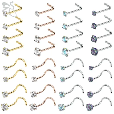 ZS 8 Pcs/lot 20g 316L Surgical Steel Round Nose Studs Set For Women 1.5mm-3mm Gold Plated Crystal Nose Piercing Nostril Piercing