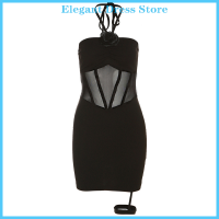 [KP Elegant]?? เดรสสั้นสีดำลึกลับเซ็กซี่รัดรูปตาข่ายคล้องคอสำหรับปาร์ตี้คลับฤดูร้อน