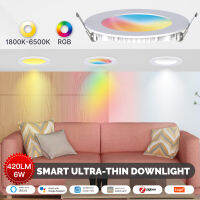 Tuya ZigBee Ultra-Thin Led Downlight 16ล้านสี Dimmer โคมไฟเพดานตกแต่งเสียง Alexa 6W Spot Leds Light *