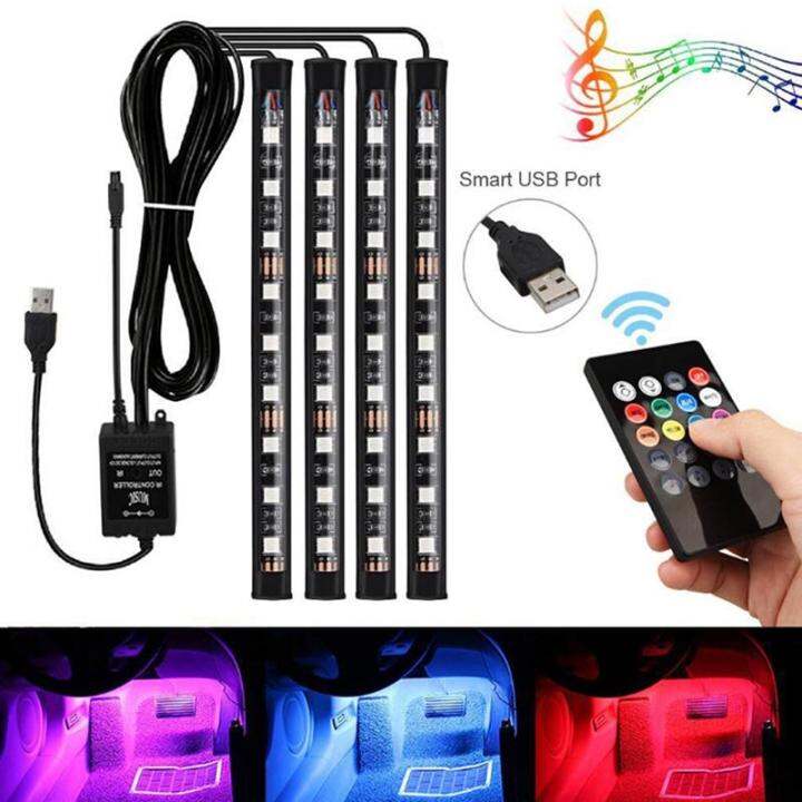 Lampu Setrip Interior Mobil Rgb 4x 9led Lampu Dekorasi Pengisi Daya