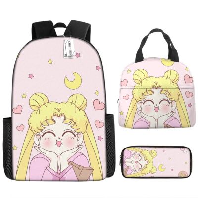 Three-Piece Sailor Moon Zipper Schoolbag Student Portable Lunch Bag Lunch Bag Insulation Children Meal Bag Cartoon Pencil Box