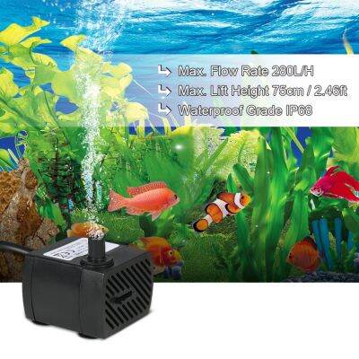 280L/H 4W ปั๊มน้ำแบบจุ่มสำหรับ Aquarium น้ำพุแบบตั้งโต๊ะบ่อน้ำสวนและระบบไฮโดรโปนิกพร้อมหัวฉีดทางเดียว4.9ft(1.5M) สายไฟ AC220-240V