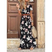 Fashionable Bohemian Print Dress Women Elegant V Neck Short Sleeve Belt Large Hem Beach Long Dress Sexy High Split Maxi Dresses