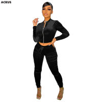 ACKUS Women Tracksuit Solid Velvet Crop Jackets Tops Pockets Pants Two 2 Piece Sets Fashion Outfits Active Sweatsuit Autumn 2021