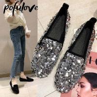 Pofulove Womens Single Shoes Spring and Autumn Round Toe Sequin Soft Bottom Low Heel Light Flat Shoes Drop Shopping