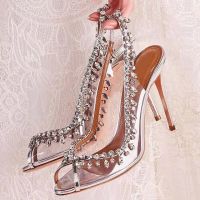 Eilyken PVC Transparent Clear Rhinestone Women Pumps Hollow Out Pointed Peep Toe Back Strap Slingbacks Thin High Heels Shoes