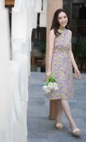 prettythingonme Sweetie honeypie dress - เดรสสีชมพูเขียวสดใส คอปีนไหล่เฉียงผูกโบว์ด้านหลัง ช่วงเอวจับรูดแถบที่เอว ใส่ถ่ายรูปสวยมาก