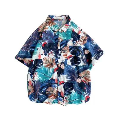 เสื้อเชิ้ตชายหาดสำหรับผู้ชายผู้หญิง,เสื้อคาร์ดิแกนคู่รักทรงหลวมแขนสั้นมีปกพิมพ์ลายดอกไม้
