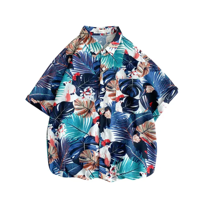 เสื้อเชิ้ตชายหาดสำหรับผู้ชายผู้หญิง-เสื้อคาร์ดิแกนคู่รักทรงหลวมแขนสั้นมีปกพิมพ์ลายดอกไม้