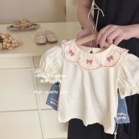 Spot parcel post Girls Shirt Cute Summer Korean Style Baby Girls Bow Cotton Short Sleeve Puff Sleeve Soft Top