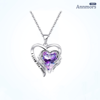 I Love You Mom Necklace Heart Wings 925 Silver Jewelry Mother Day Anniversary Birthday Necklace Women Jewelry Gift Purple Zircon