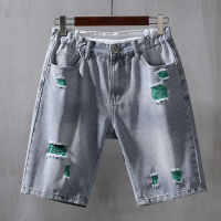 6194 | Mens denim shorts loose fit large quarter pants trendy and plump 2021 summer torn shorts with extra fat