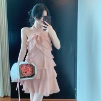 COD SDFSDRGBWWW 2022 Retro Ruffled Tube Top Chiffon Cake Skirt Sexy Halter Neck One-Shoulder High Waist Fluffy Dress