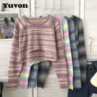 Yuvon เสื้อสเวตเตอร์ไหมพรมมีแขนยาวคอกลมลายทางสีสันสดใสสำหรับผู้หญิงสไตล์เกาหลีฤดูใบไม้ร่วงหวานและหลากหลายเทรนด์เสื้อเสื้อกั๊กสั้น