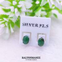 BA010 ต่างหูหยกพม่าแท้ ( Jadeite type A ) ตัวเรือนเงินแท้ 925 ชุบทองคำขาว