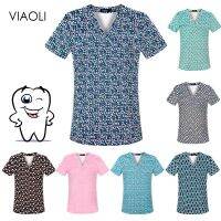 เสื้อยืดแขนสั้นสำหรับผู้หญิงใส่ทำงานทันตกรรมพิมพ์ลายฟัน