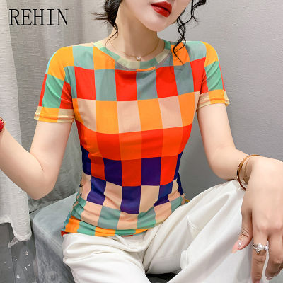 REHIN เสื้อยืดแขนลายสั้นผ้าตาข่ายลายตารางสำหรับผู้หญิง,เสื้อเบลาส์เข้ารูปพอดีคอกลมสุดหรูเสื้อฉบับภาษาเกาหลีอินเทรนด์สำหรับ S-3XL ฤดูร้อน