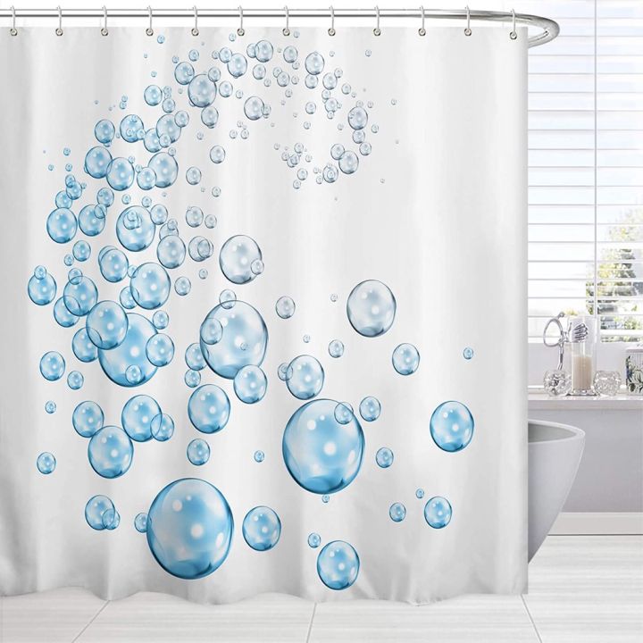 สีฟ้าและสีขาวผ้าม่านอาบน้ำที่ทันสมัยนามธรรมน้ำเย็นฟองศิลปะพิมพ์น่ารัก-wa-ar1