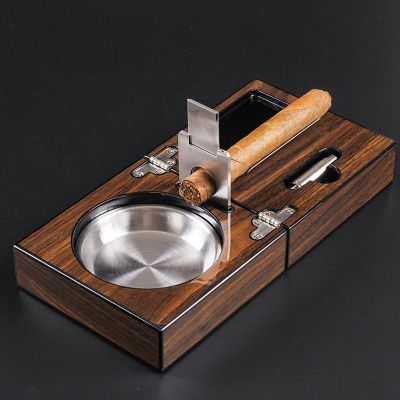 ♘☞ Multifunctional Cigar Ashtray Foldable Walnut Wood Box Include Cigar Cutter Holder And Hole Opener Smoking Accessories