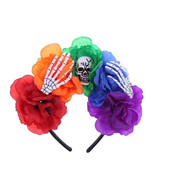 dark-flower-crown-sugar-skull-hairband-floral-skull-headpiece-gothic-rose-headband-day-of-the-dead-hair-accessories